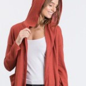 WAFFLE SOLID HOODED OPEN CARDIGAN